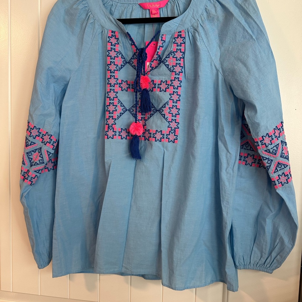 Johnny Was Blue Embroidered Blouse